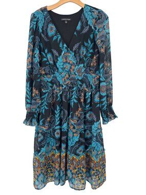Chris McLaughlin Womens Floral Print Black Blue Long Sleeve Smocked Midi Dress S